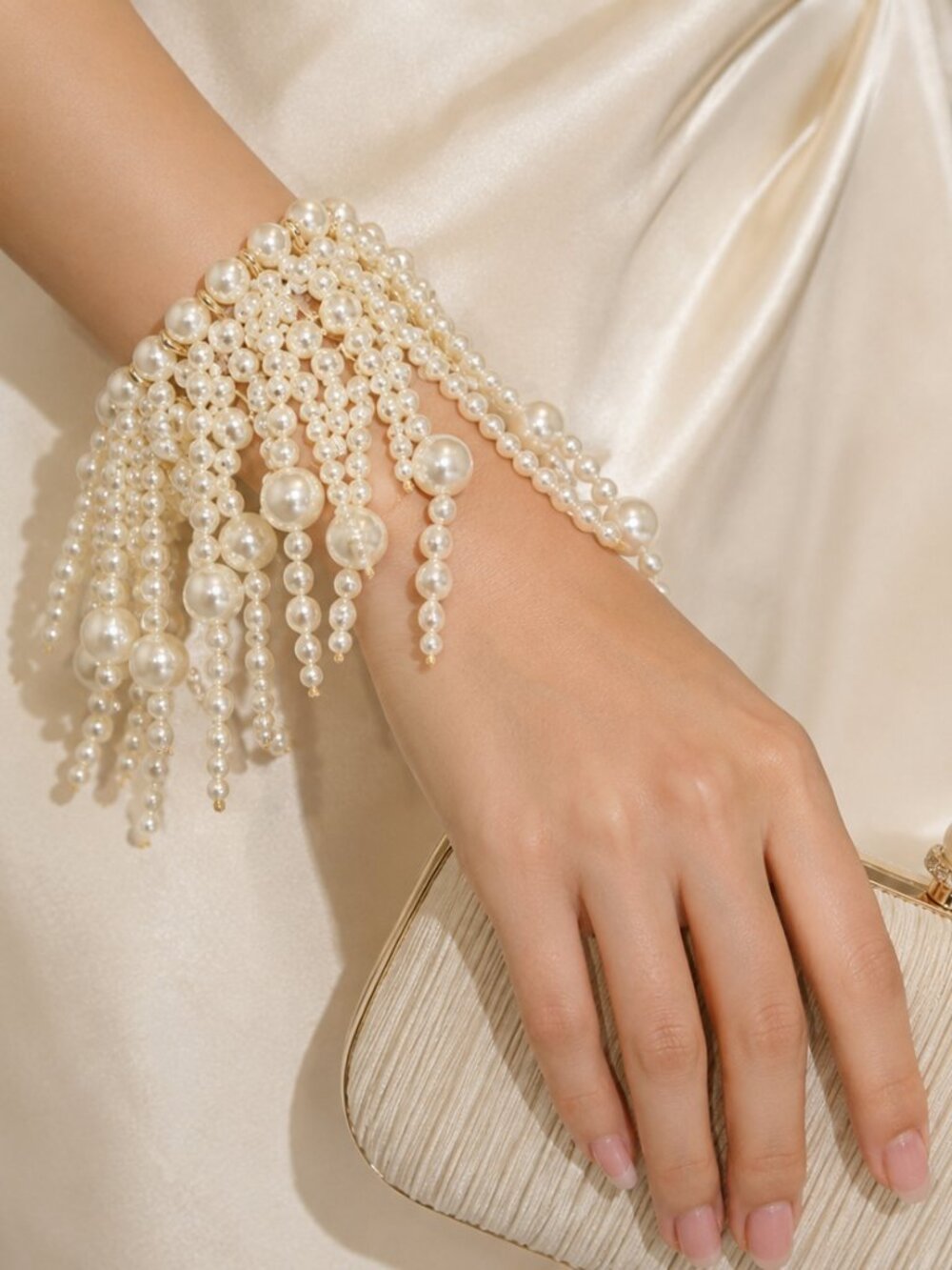Bold Pearl Fringe Stretch Statement Bracelet Ivory Faux Pearl Bridal Wedding Cuf
